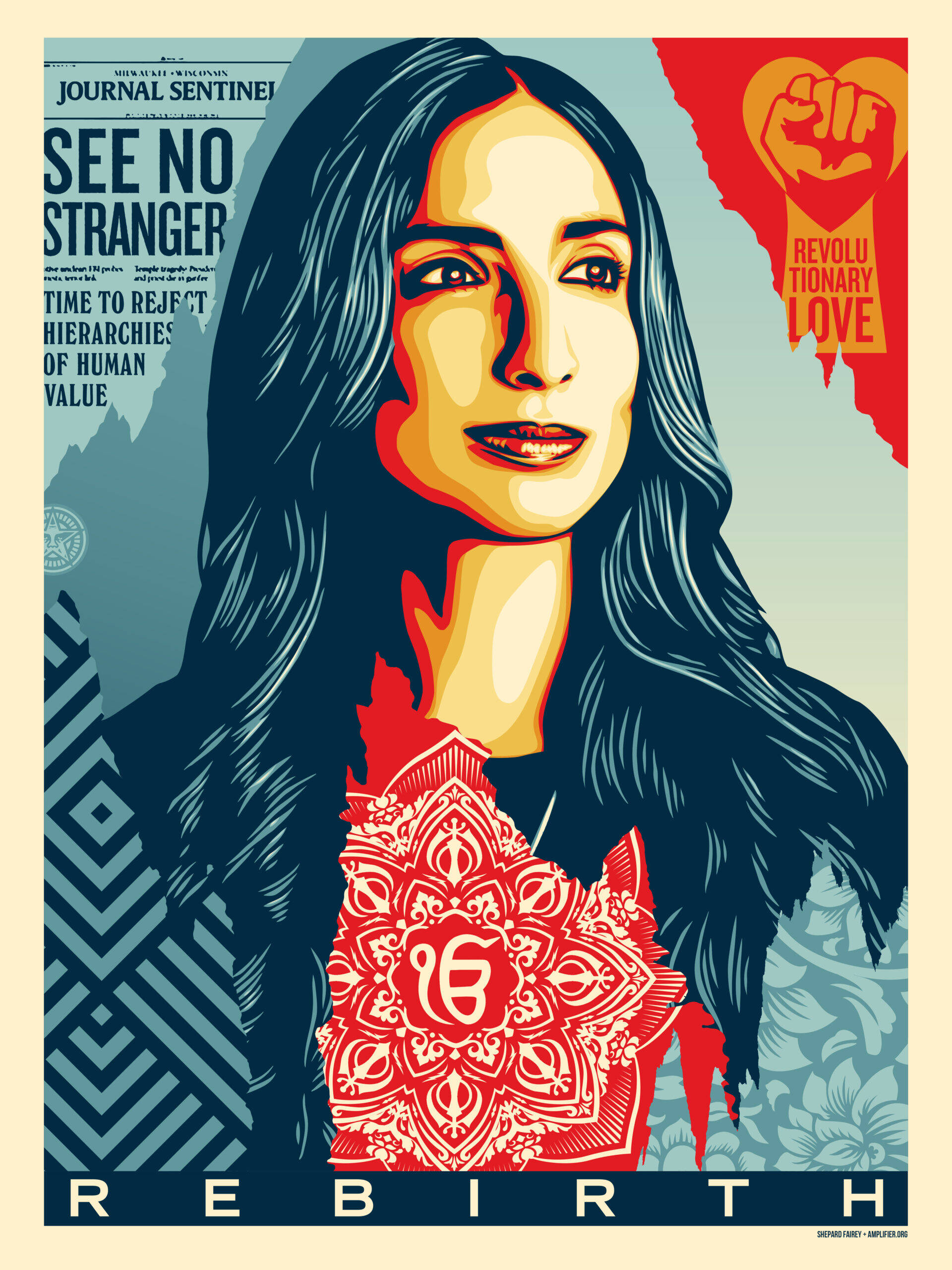 Screenprint poster of a woman with long dark hair surrounded by various patterns including a fist and heart. The word "rebirth" is along the bottom.